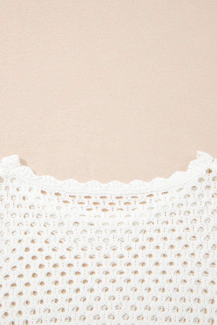 White Scalloped Trim Hollow Out Knit Long Sleeve Top