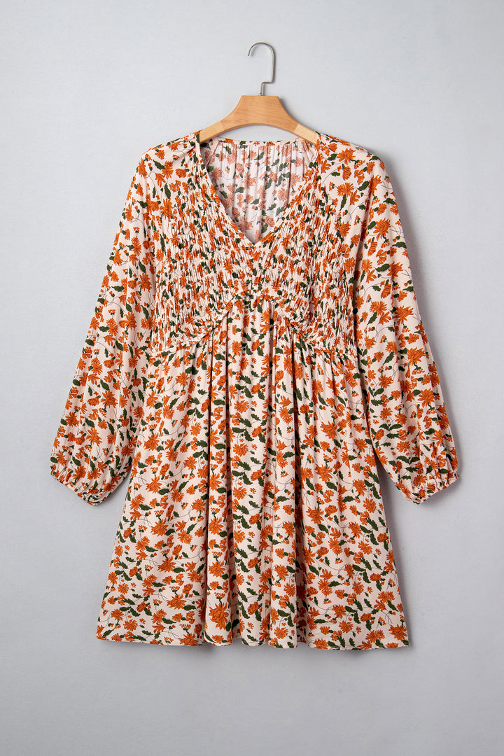 Beige Plus Size Floral Print Long Sleeve Babydoll Short Dress