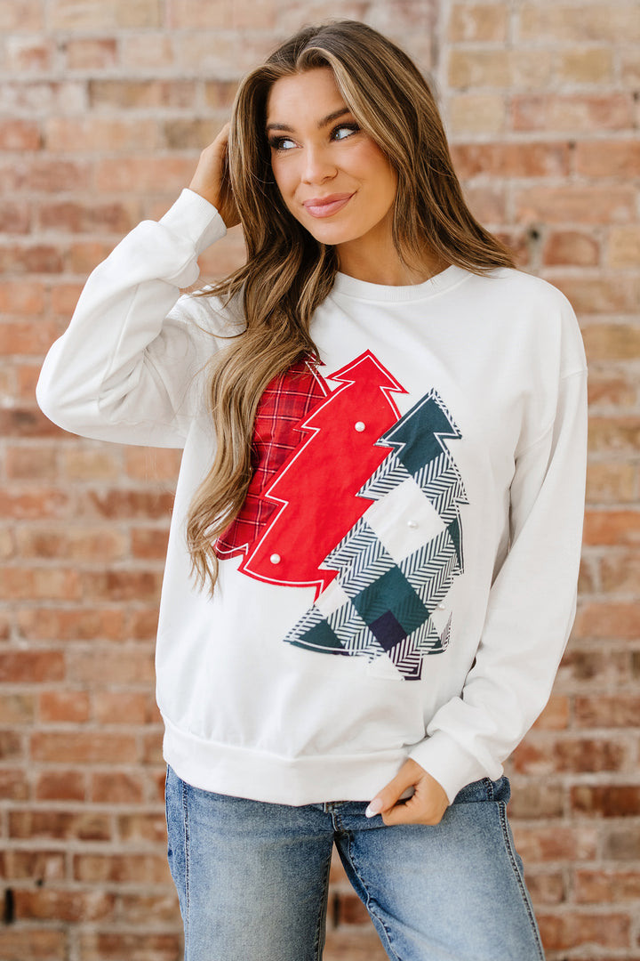 Pearl Plaid Christmas Tree Patched Drop Shoulder Sweatshirt