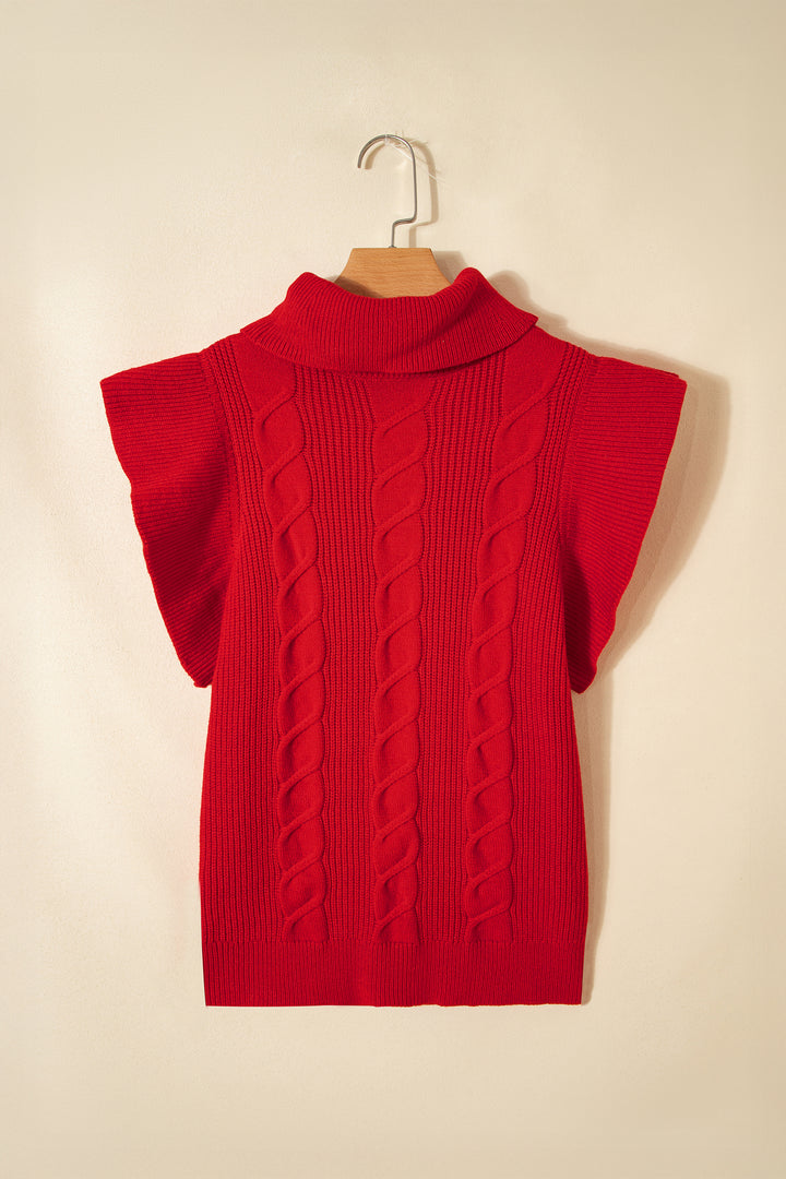Cable Knit Turtleneck Ruffled Short Sleeve Sweater