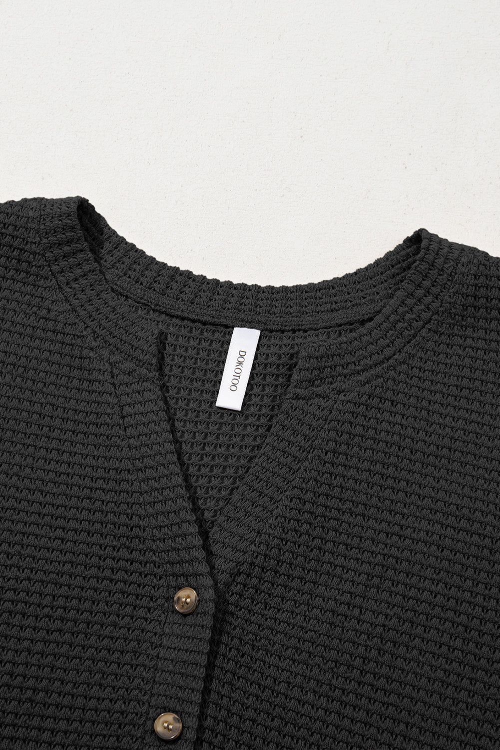 Black Button Notched Neck Waffle Knit Long Sleeve Top