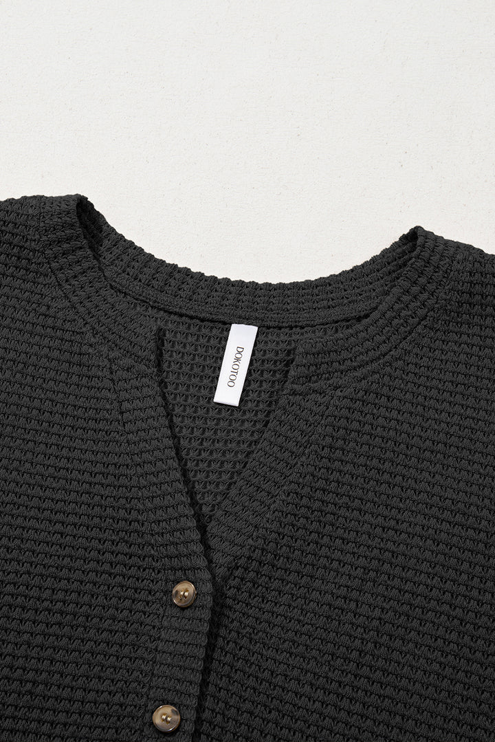 Black Button Notched Neck Waffle Knit Long Sleeve Top
