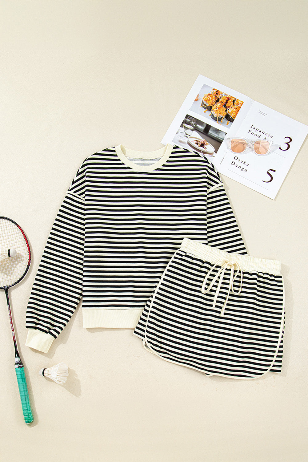 Black Stripe Textured Pullover Top Drawstring Mini Skort Two Piece Dress Set