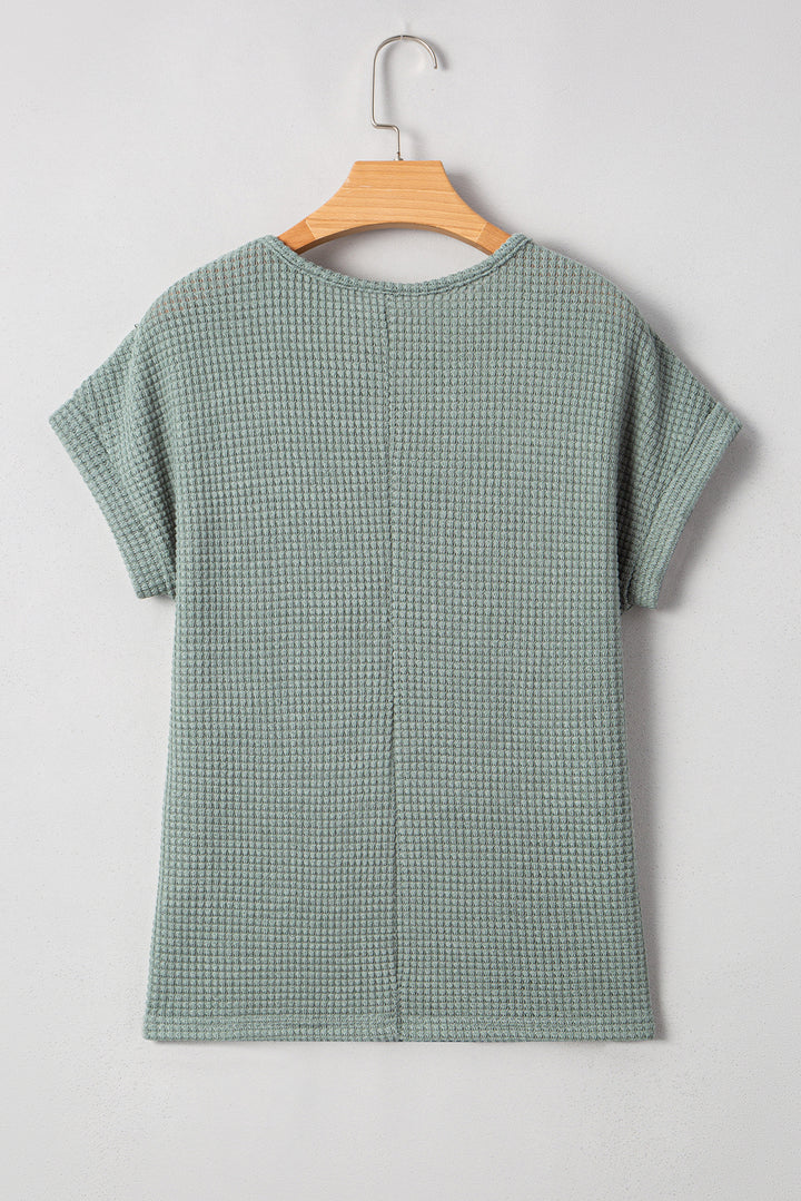 Mist Green Lace Patchwork Waffle Short Sleeve Top