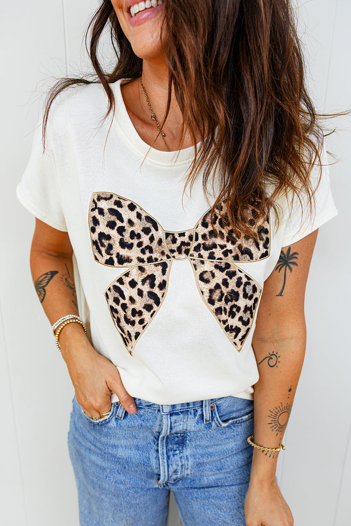 Leopard Bow Embroidered Cotton Round Neck T Shirt