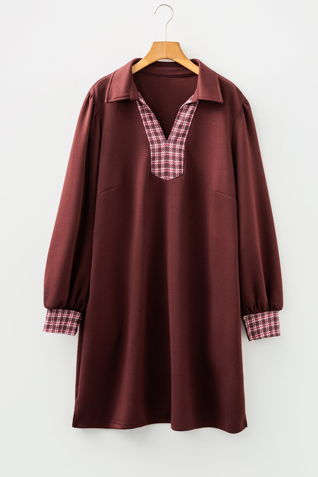 Coffee Contrast Plaid Collared Plus Size Shift Mini Dress