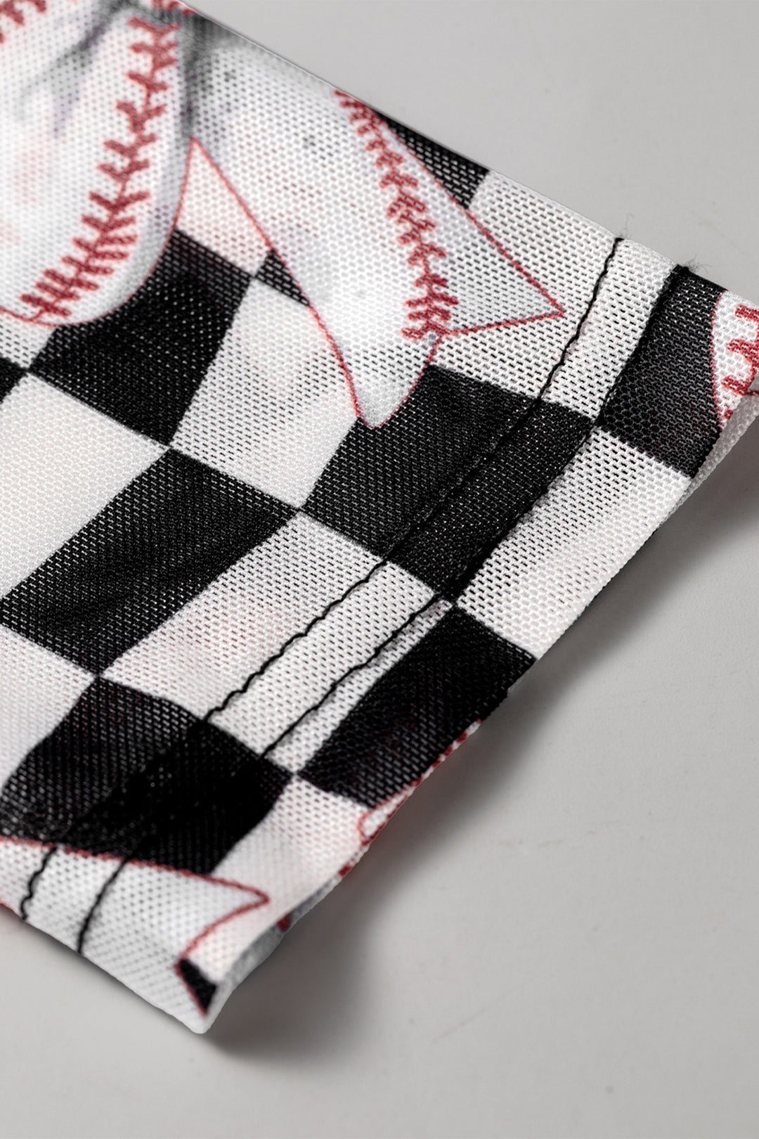 Black Checkered Baseball Bow Print High Neck Long Sleeve Mesh Top