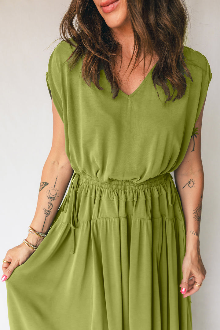 Solid V Neck Cap Sleeve Tunic Elastic Waist Versatile Maxi Dress