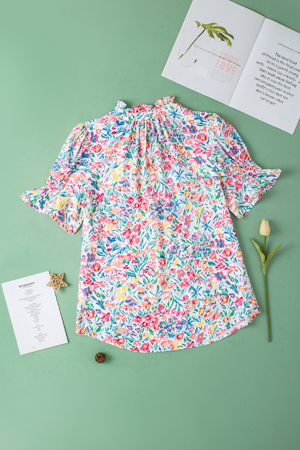 Floral Print Button Split Neck Puff Sleeve Blouse