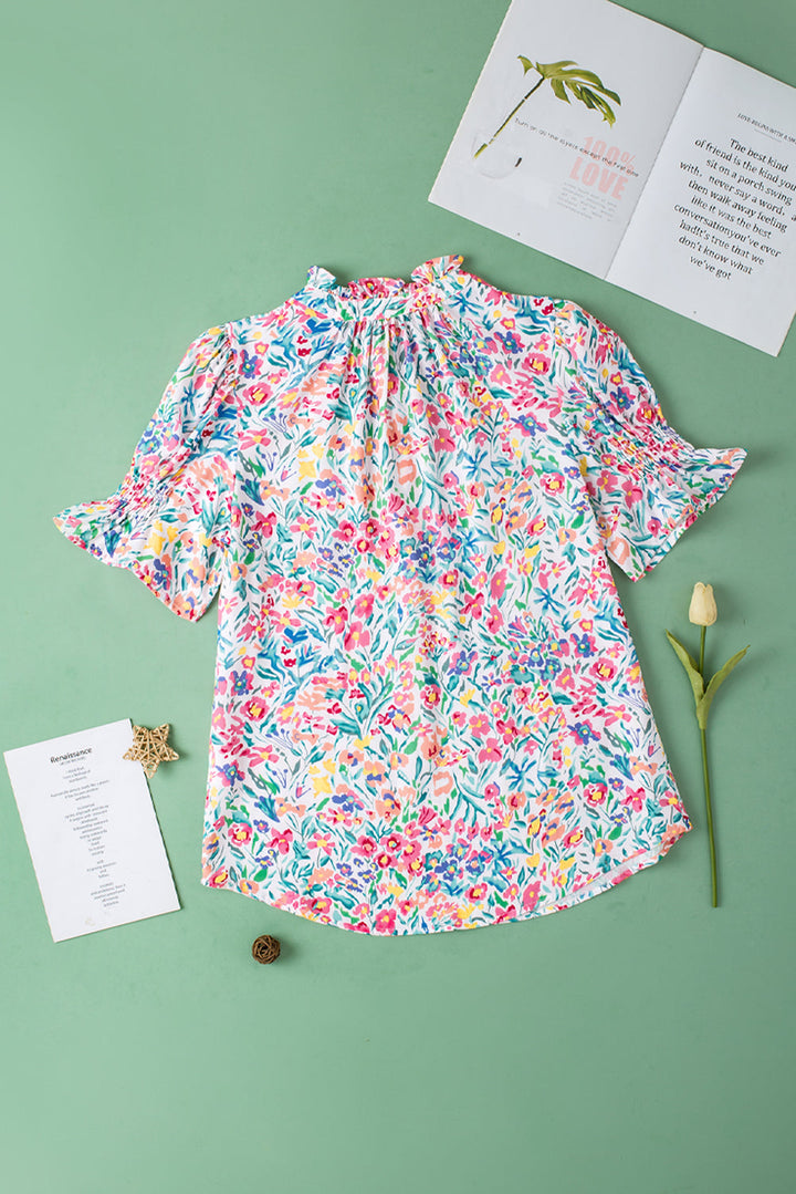Floral Print Button Split Neck Puff Sleeve Blouse