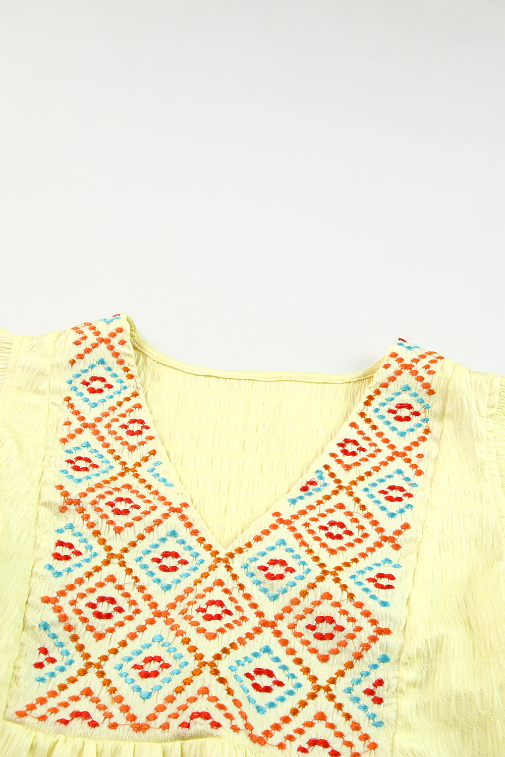 Yellow Geometric Embroidery Textured Top with Ruffles