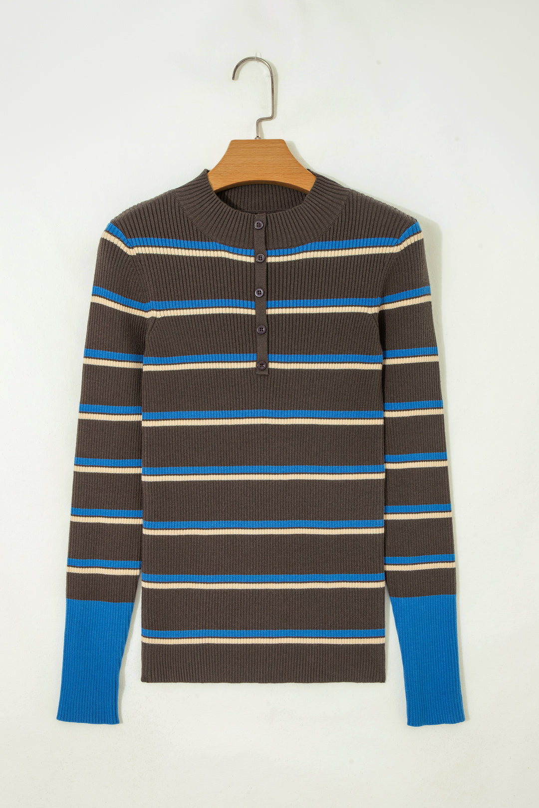 Chicory Coffee Ribbed Knit Contrast Cuff Henley Button Sweater