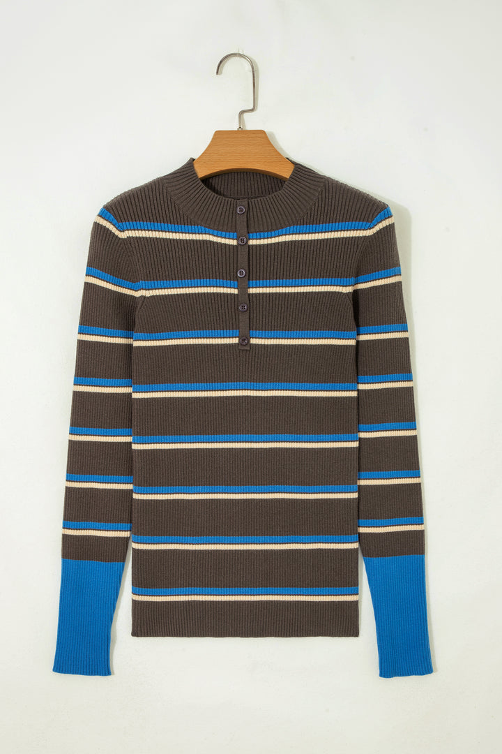 Chicory Coffee Ribbed Knit Contrast Cuff Henley Button Sweater