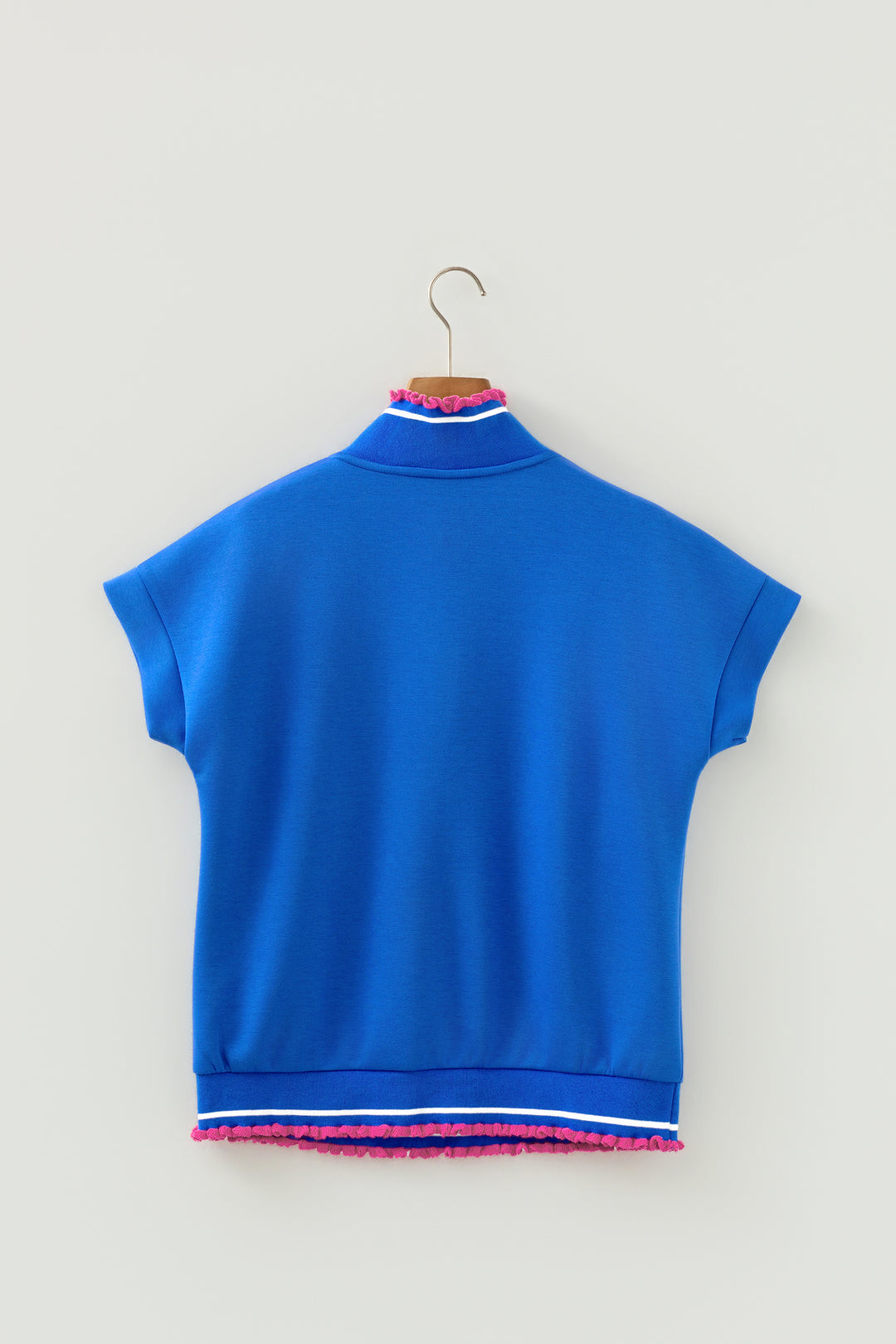 Contrast Frilled Trim Button Collared Short Sleeve Knit Top