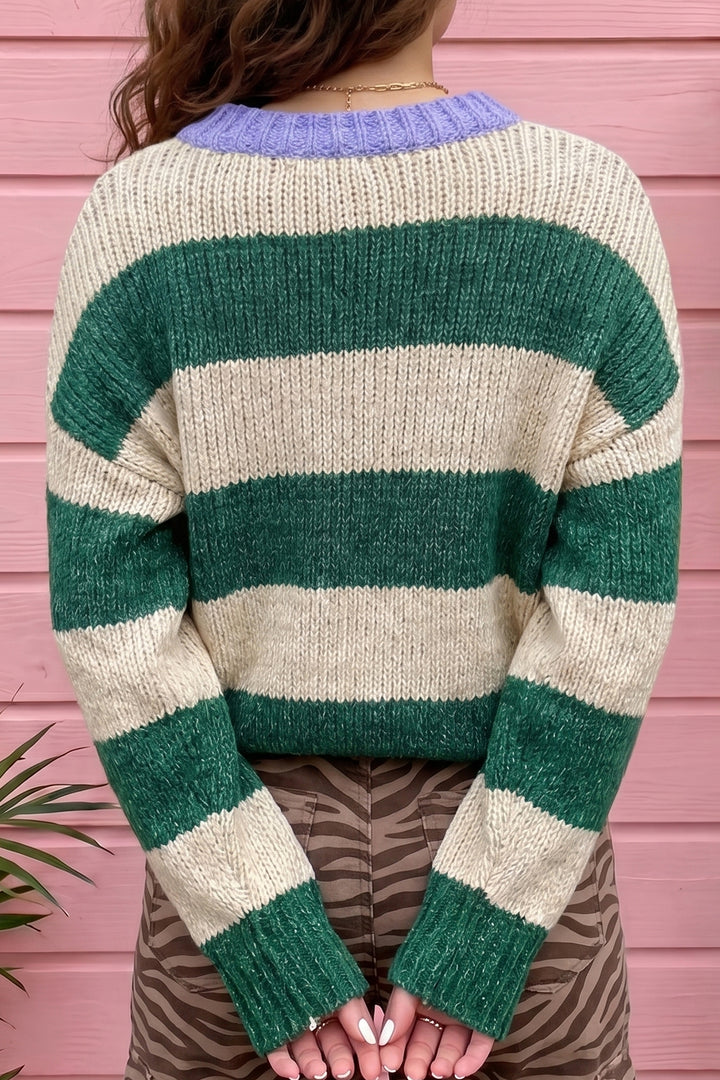 Green Stripe Colorblock Drop Shoulder Pullover Sweater