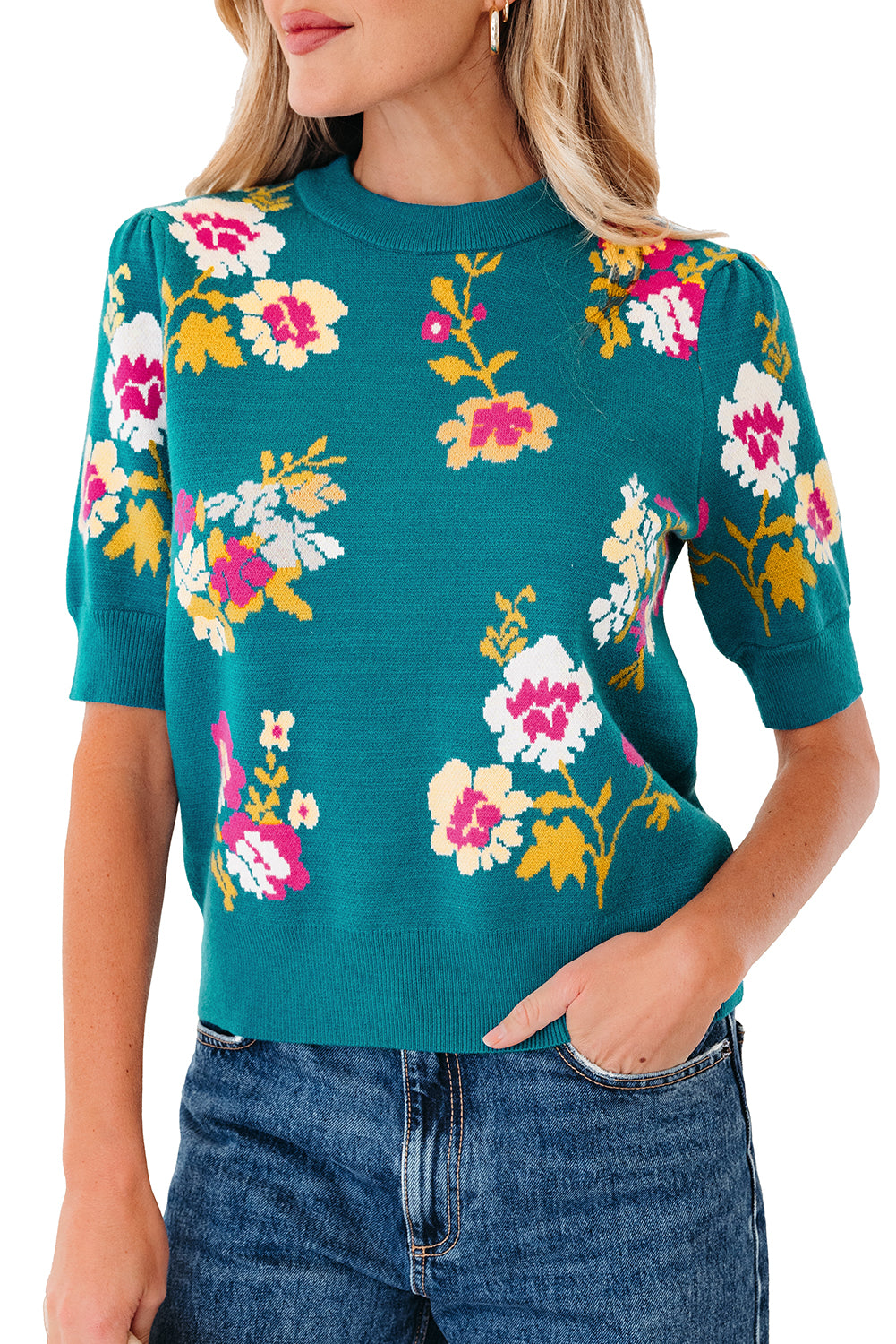 Flower Pattern Mock Neck Short Sleeve Knitted T Shirt
