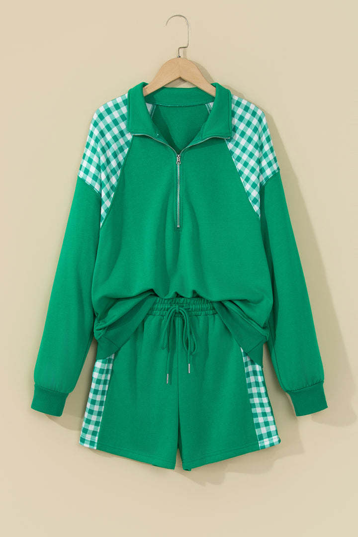 Bright Green Plaid Patchwork Half Zip Pullover Drawstring Short Set