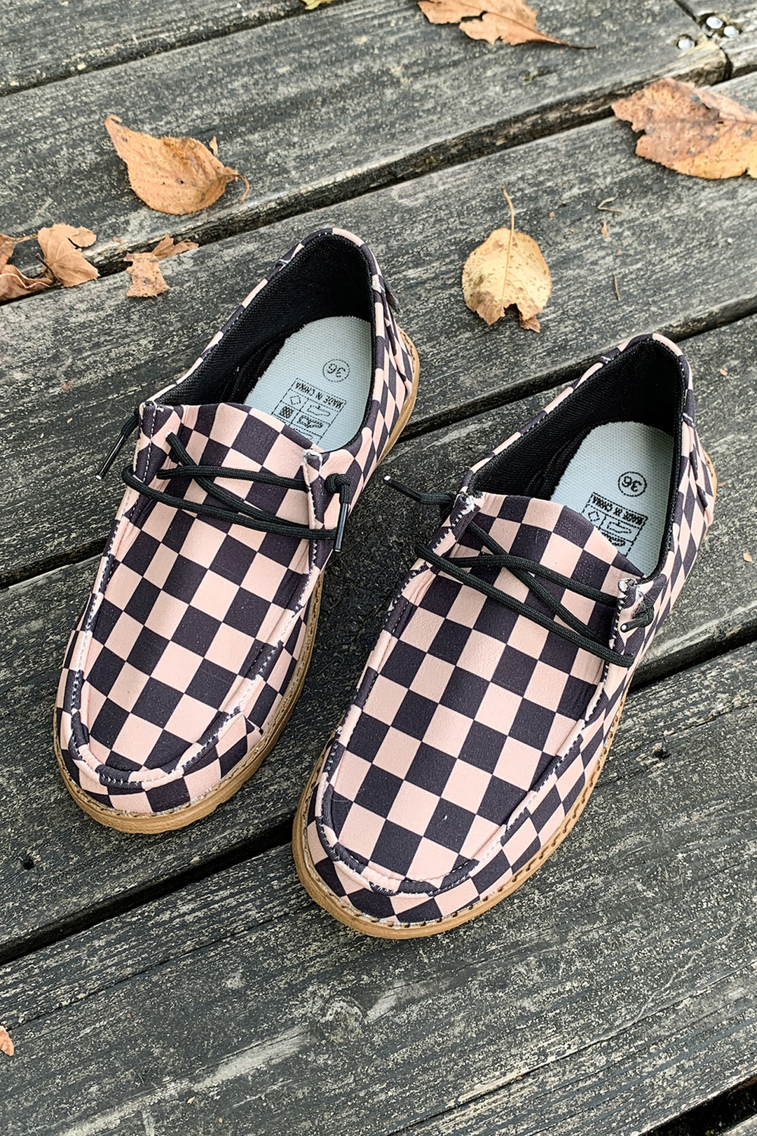 Checkered Print PU Leather Lace Up Detail Flat Shoes