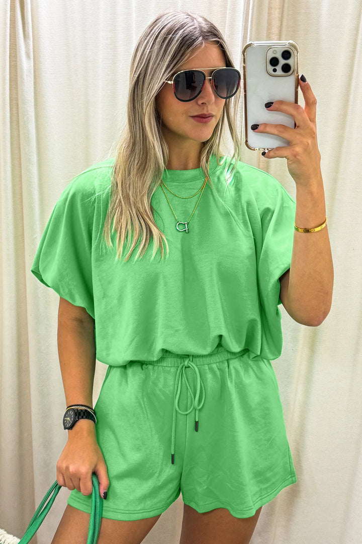 Green Solid Color Puffy Loose Top Drawstring Shorts 2pcs Outfit