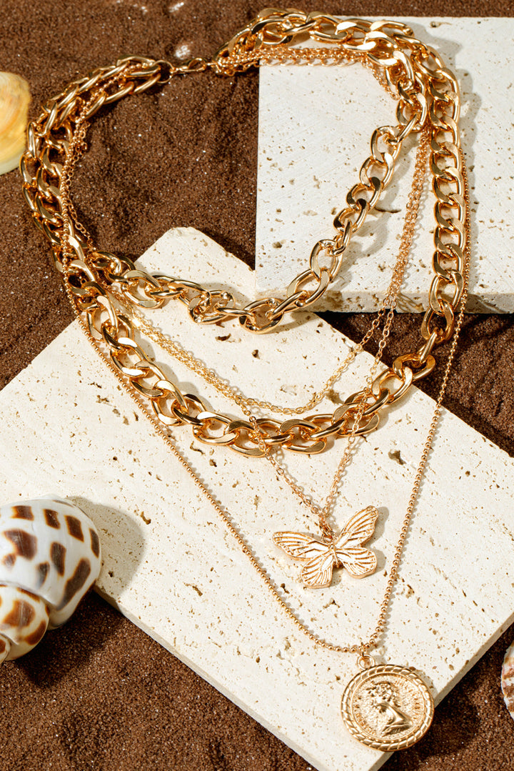 Plated Alloy Multilayer Butterfly Charm Necklace