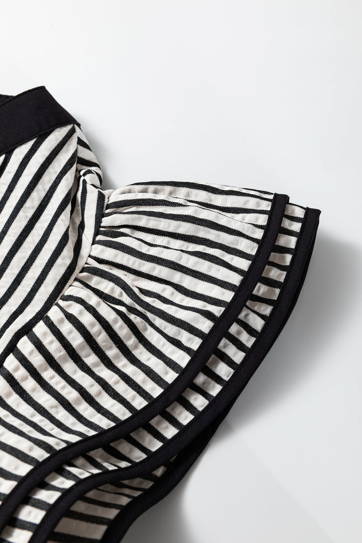 Black Stripe Double Ruffled Short Sleeve Contrast Trim V Neck Midi Dress