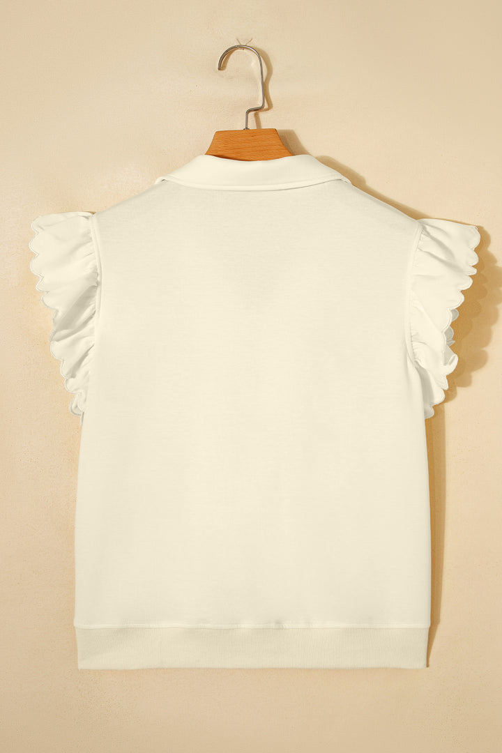 Beige Zipped up Collared Ruffled Short Sleeve Blouse