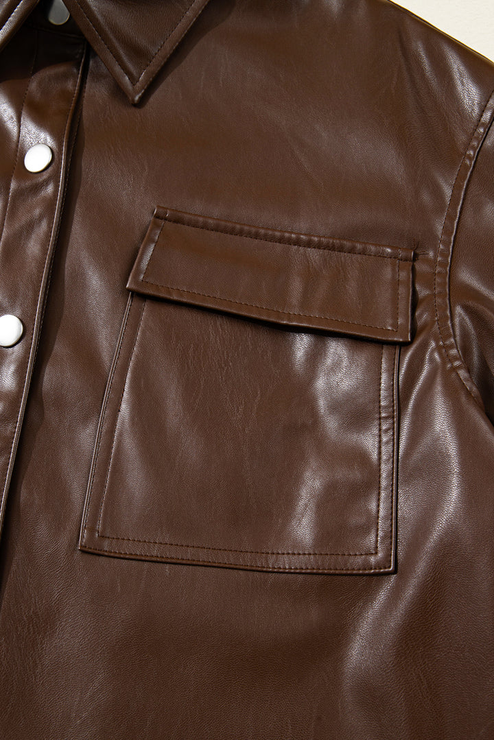 Chicory Coffee Double Flap Pocket Drawstring Hem Leather Jacket
