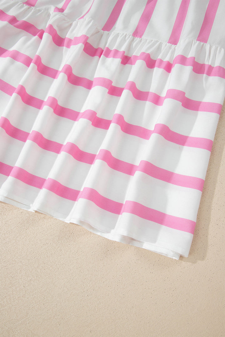 Pink Stripe Plus Size V Neck Short Puff Sleeve Maxi Dress