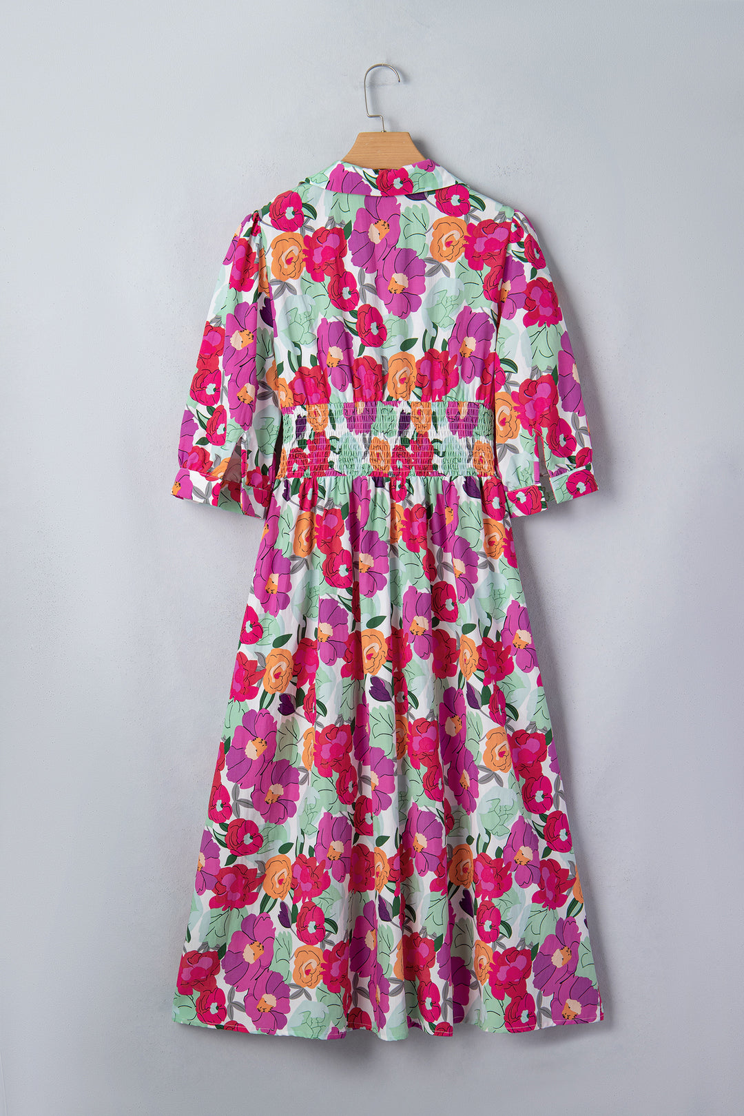 Rose Vibrant Floral Print Zip Up Puffy Half Sleeve Dress