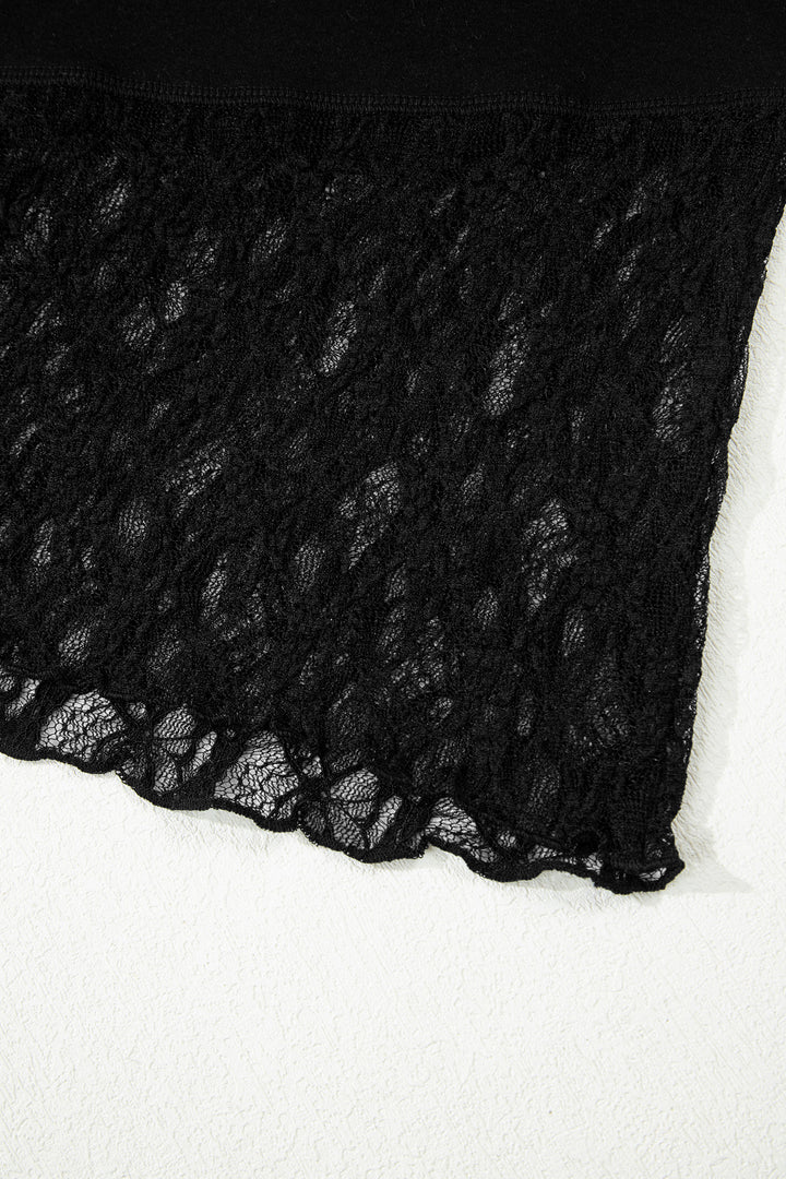 Black Asymmetric Panels Sheer Floral Lace Patchwork Long Sleeve Top