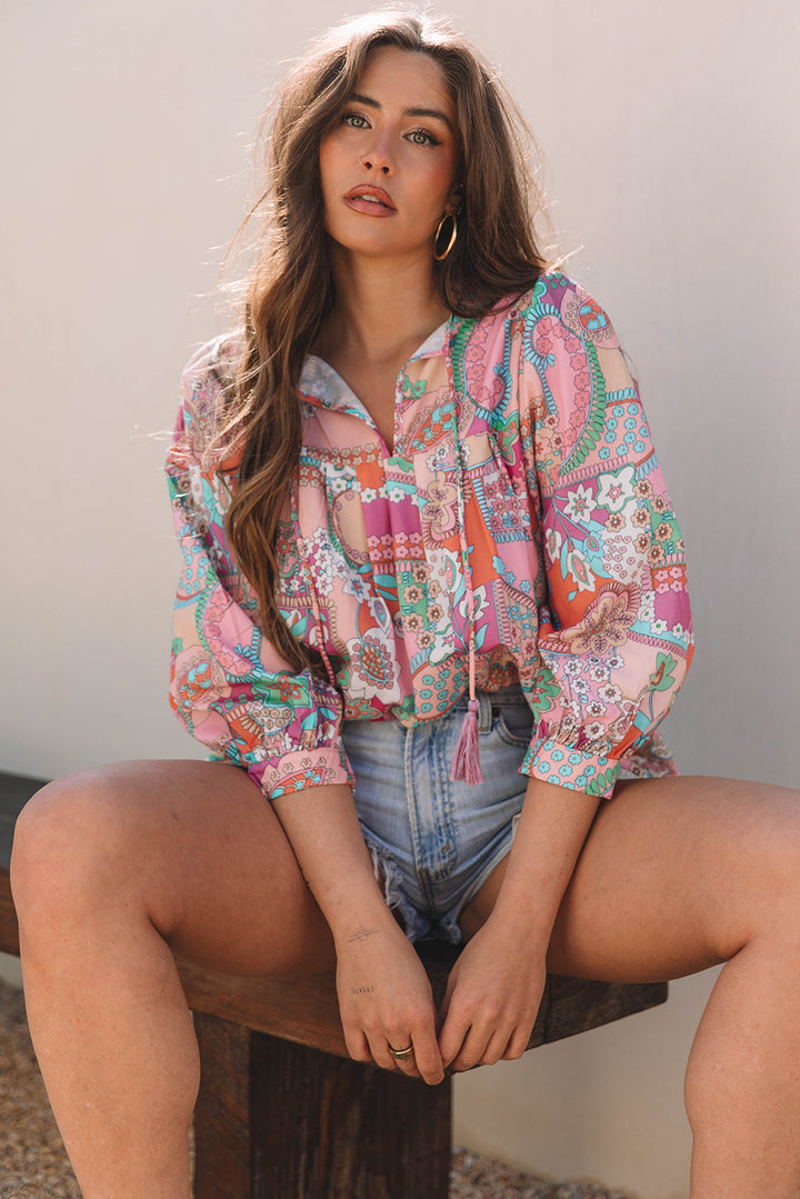 Boho Floral Bubble Sleeve Tassel Tied Neck Pleated Blouse