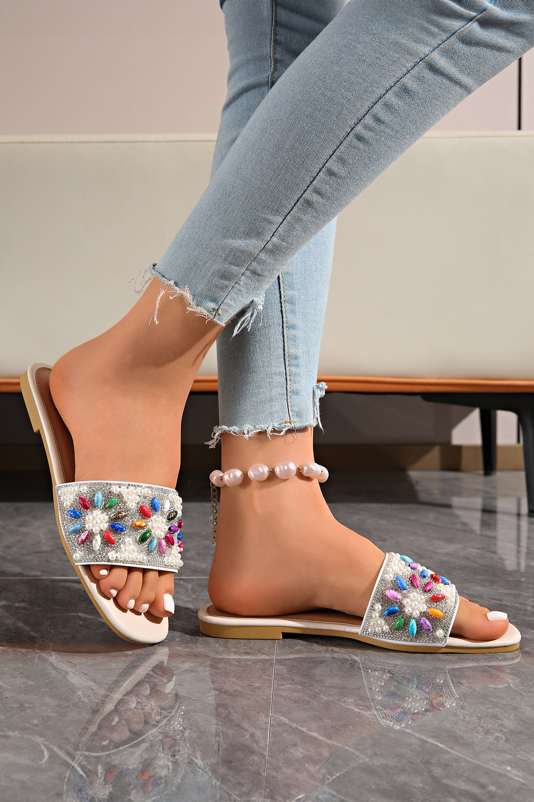 Rhinestone Pearl Decoration Square Head Beach Slippers