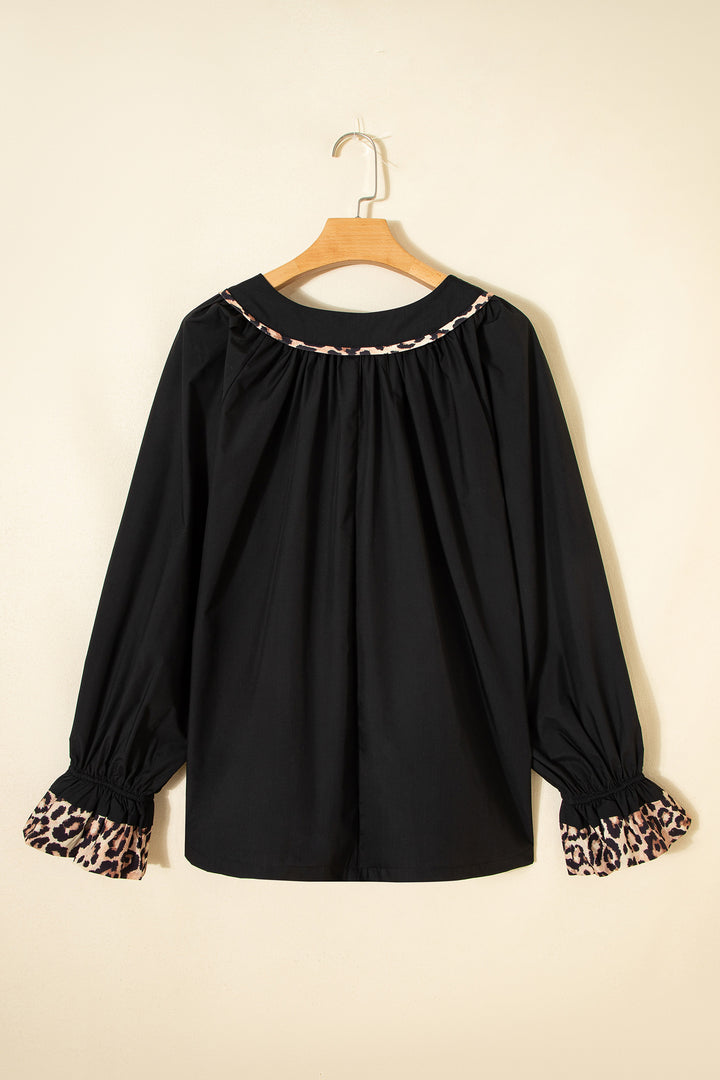 Black Plus Size Split Neck Leopard Trim Flounced Long Sleeve Blouse