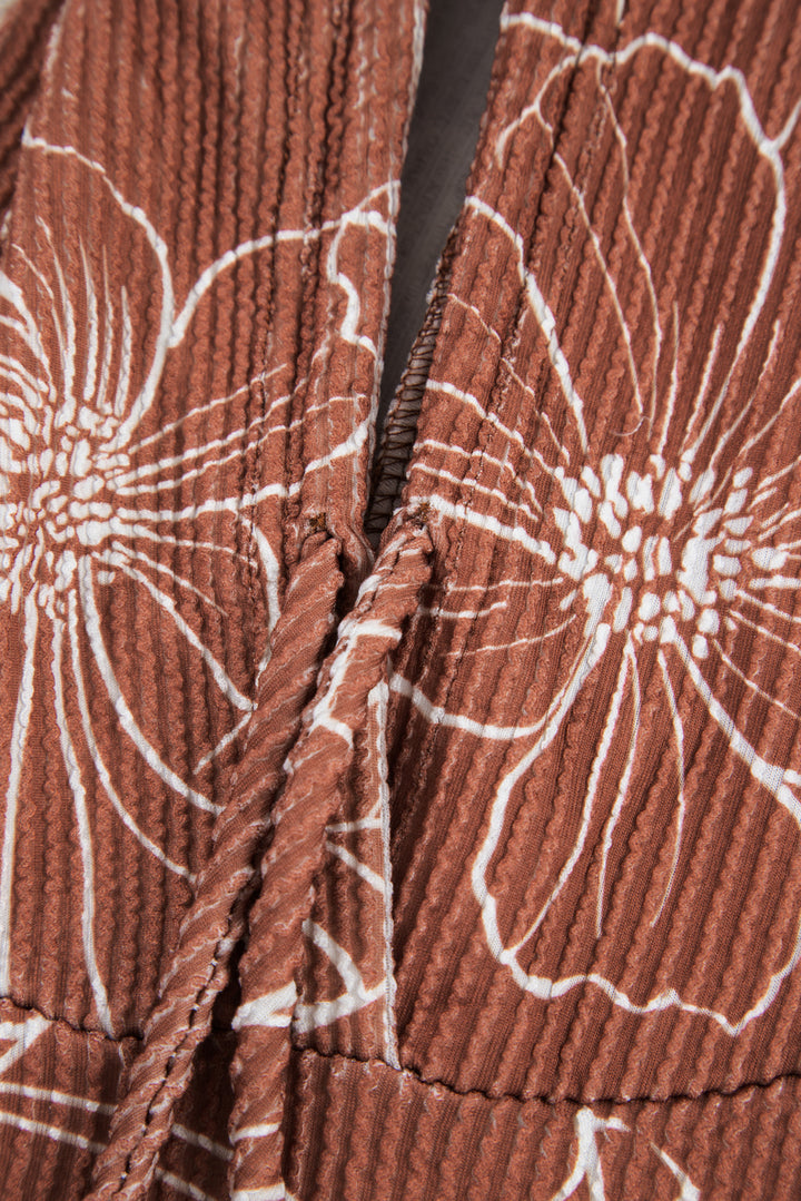 Floral Twisted Rib Drawstring Kangaroo Pocket Hoodie