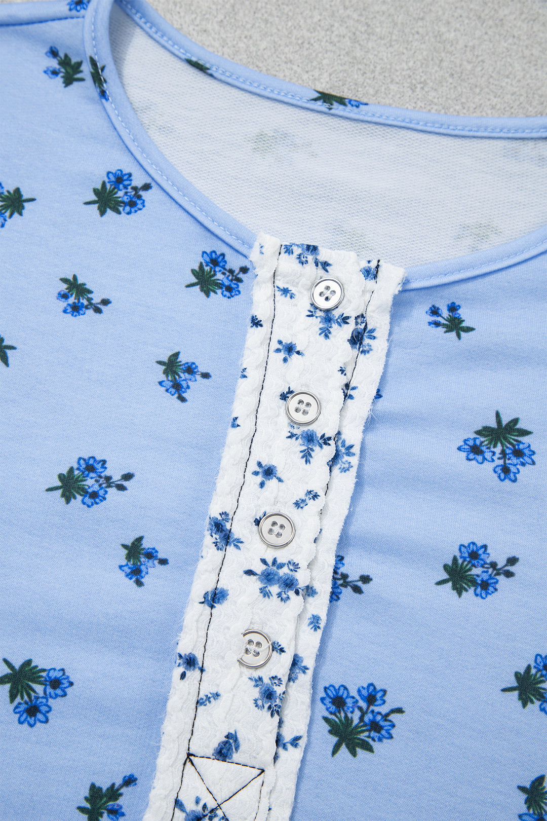 Sky Blue Floral Print Contrast Long Sleeve Tops
