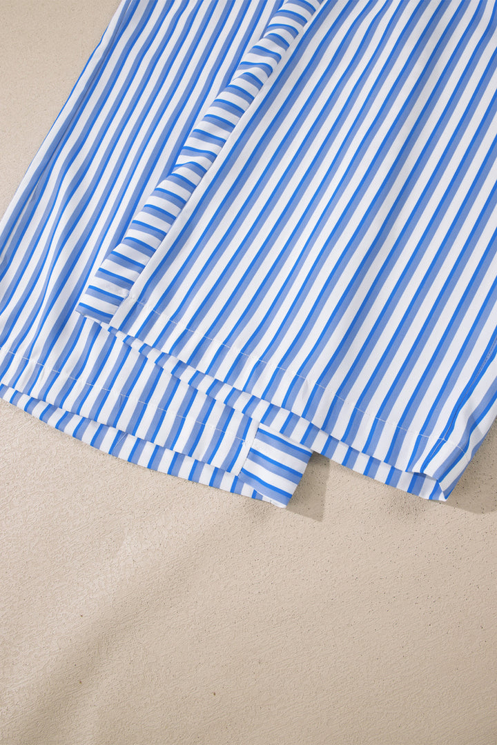 Sky Blue Stripe Drawstring Elastic Waist Patch Pocket Wide Leg Ankle-length Pants
