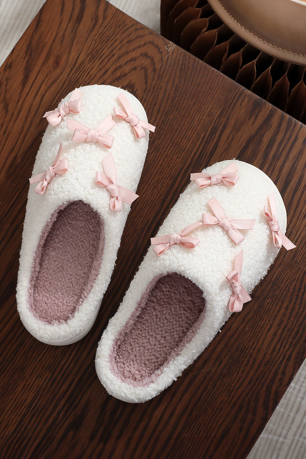 Ribbed Bow Decor Plush House Slipper