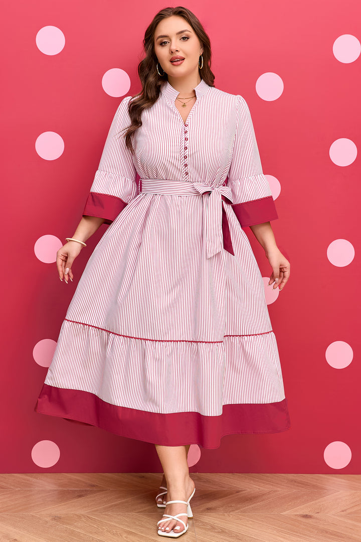 Red Stripe Plus Size Ruffled Hem Pinstriped Midi Dress