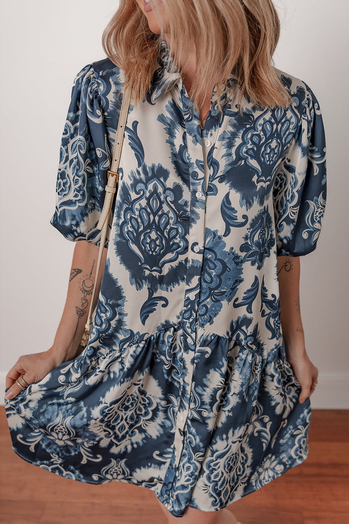 boho floral print buttoned collared loose fit mini dress