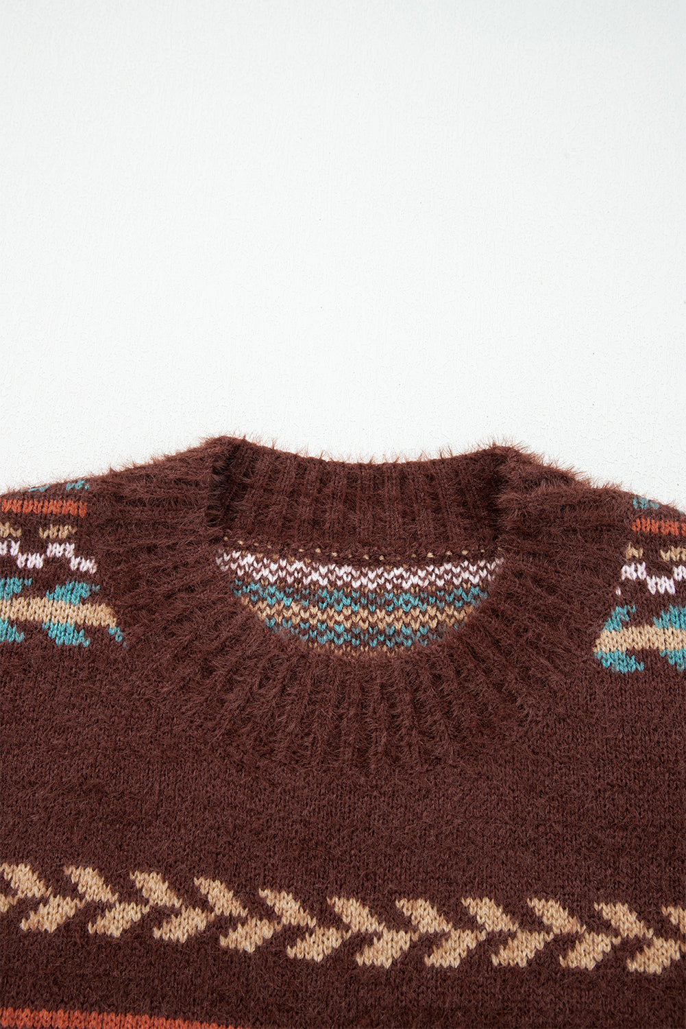 Ethnic Pattern Mohair Knitted Drop Shoulder Sweater