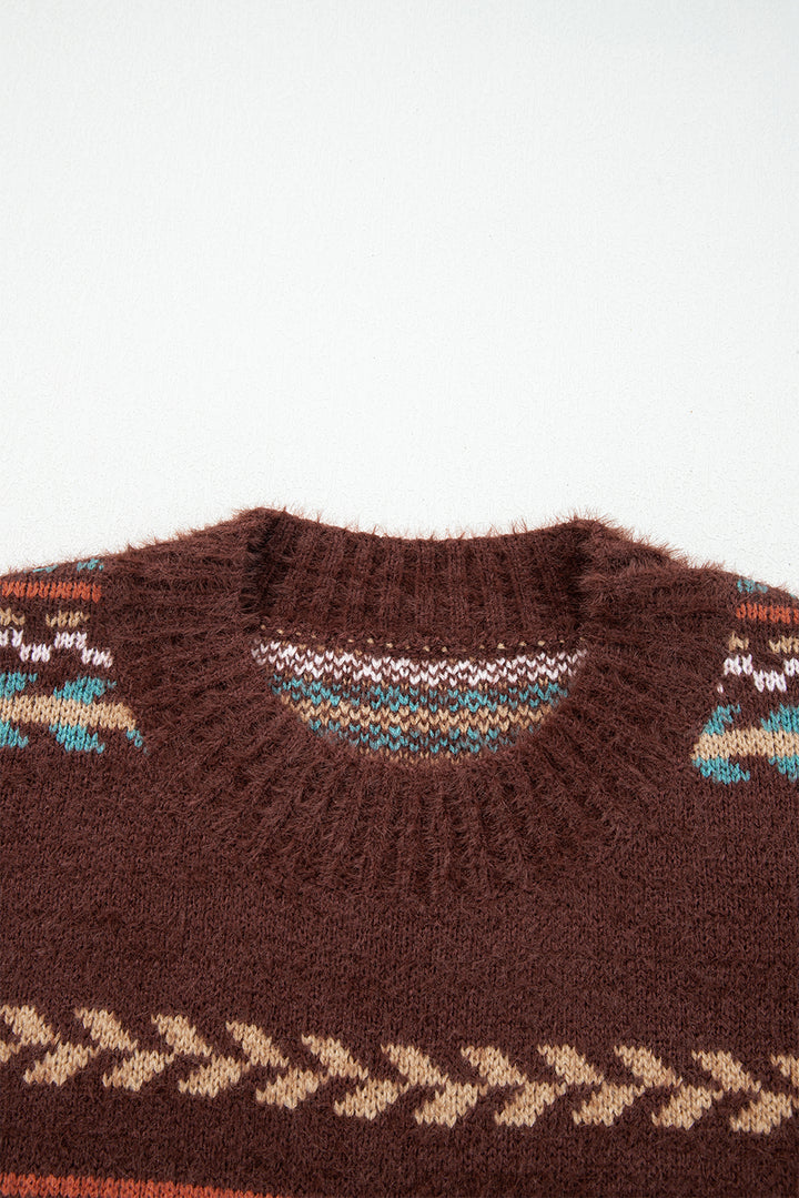 Ethnic Pattern Mohair Knitted Drop Shoulder Sweater