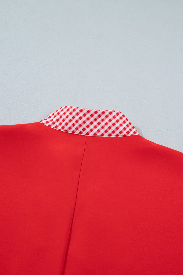 Red V Neck Plaid Collar Short Sleeve Tunic Blouse