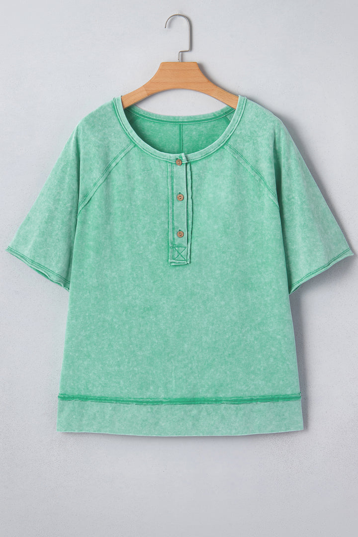 Half Buttons Raw Seam Raglan Sleeve Mineral Wash T Shirt