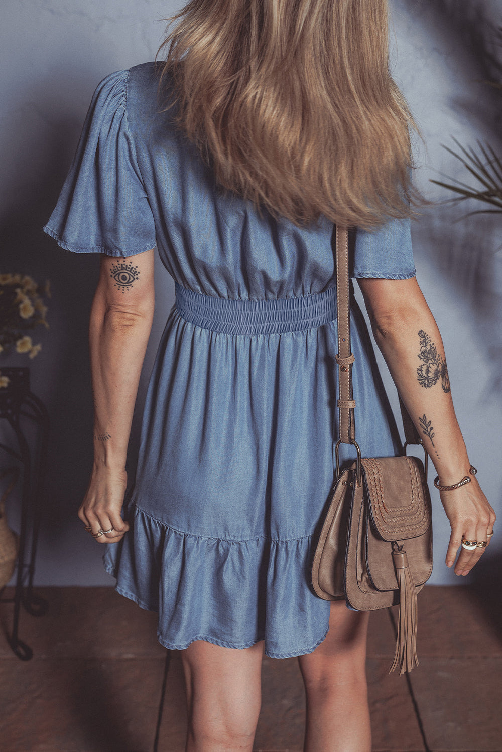 Ruffled V Neck Smocked High Waist Denim Mini Dress