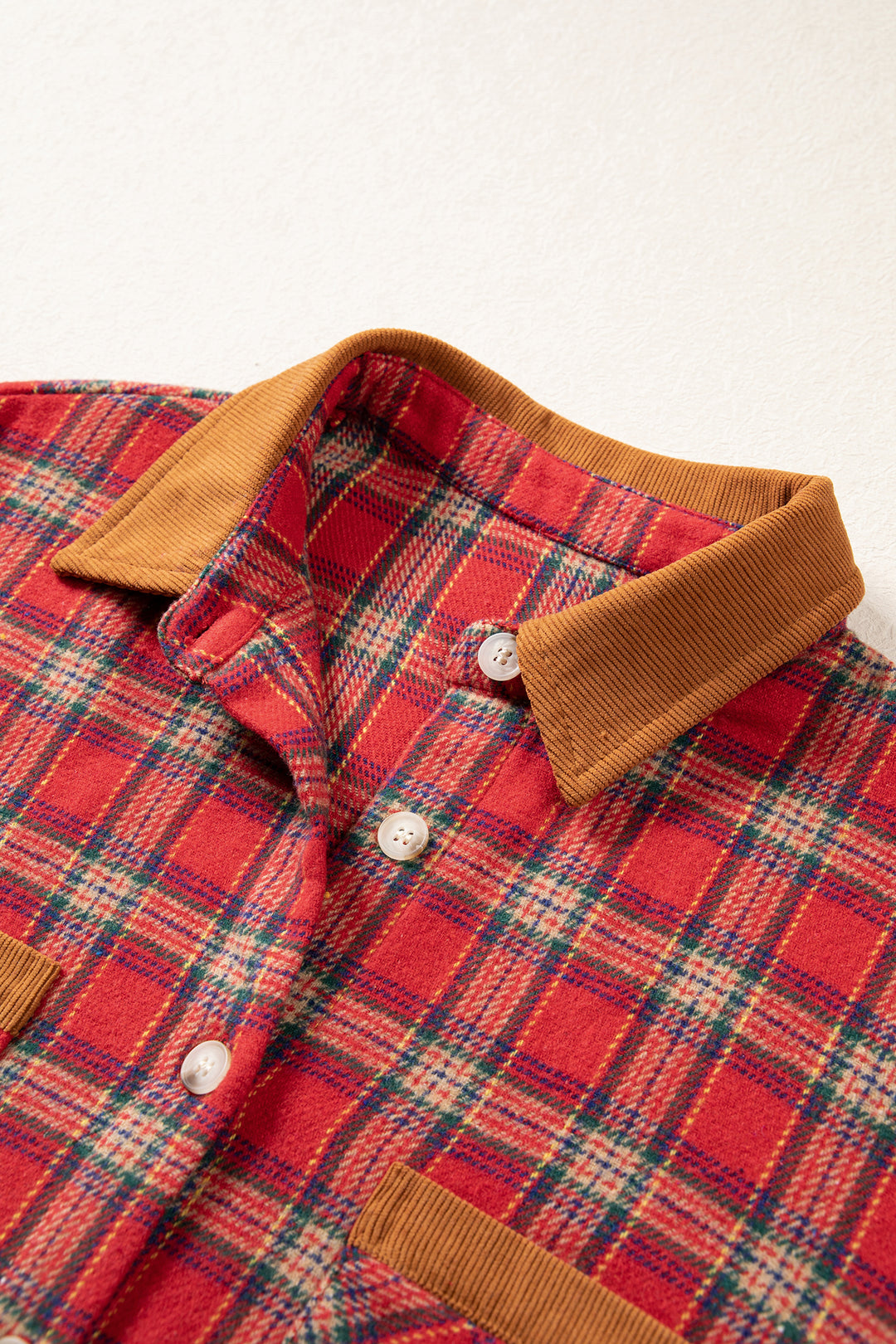Red Casual Plaid Color Block Collared Button Shacket