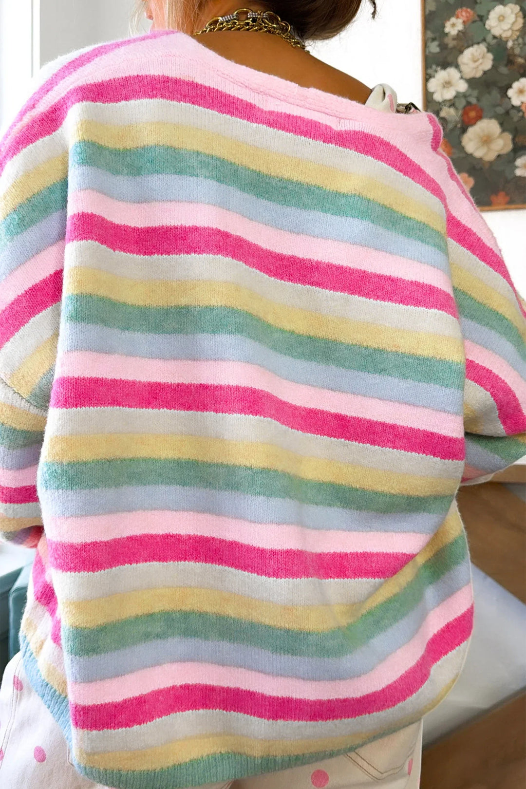 Multicolour Striped Knit Drop Shoulder Open Front Sweater Cardigan