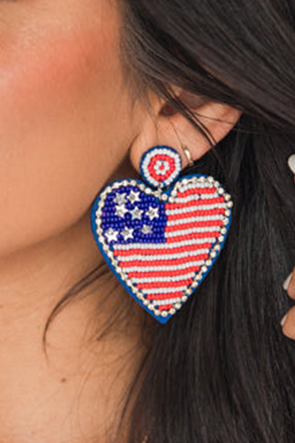 Rhinestone Beaded American Flag Heart Earrings