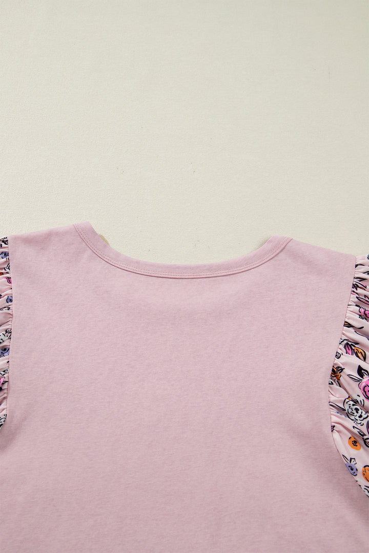 Pink Contrast Floral Patched Flowy Half Sleeve Blouse