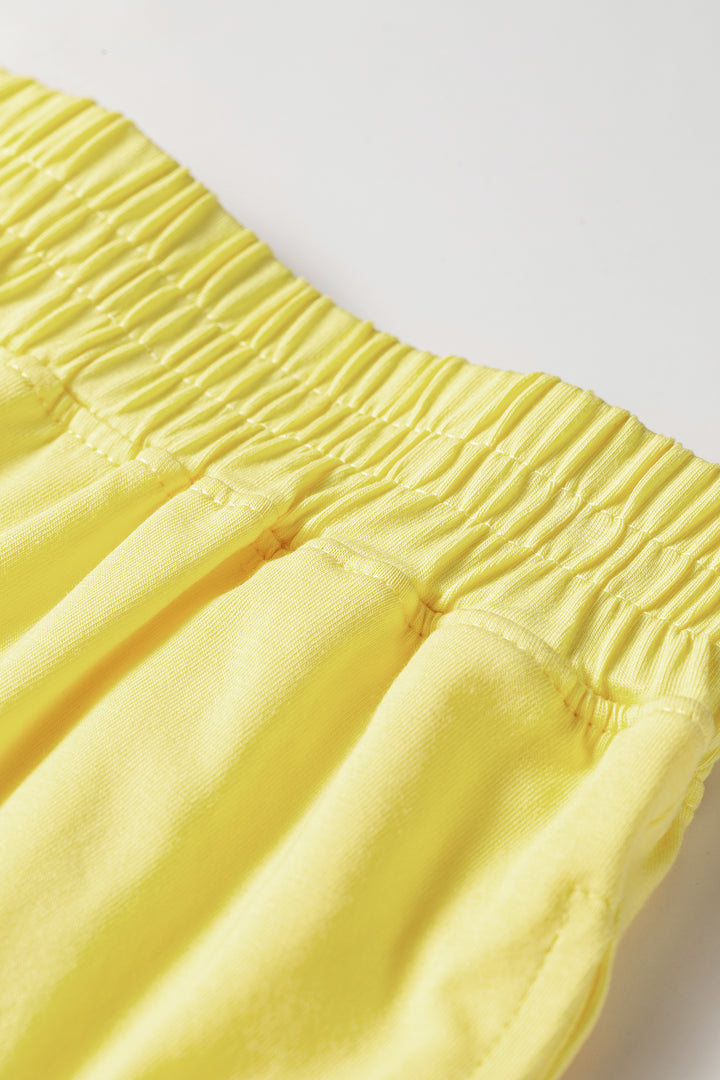 Yellow Cream Solid Short Sleeve Elastic Waist Pocket Casual Two Piece Short Set