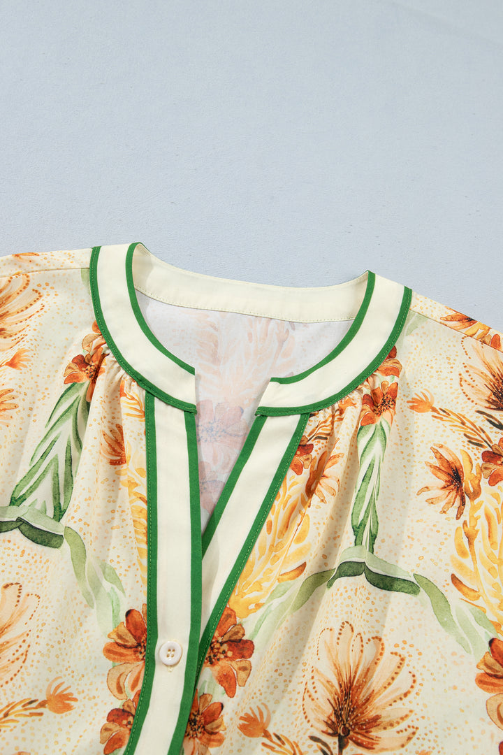 Yellow Floral Print V Neck Long Sleeve Shirt
